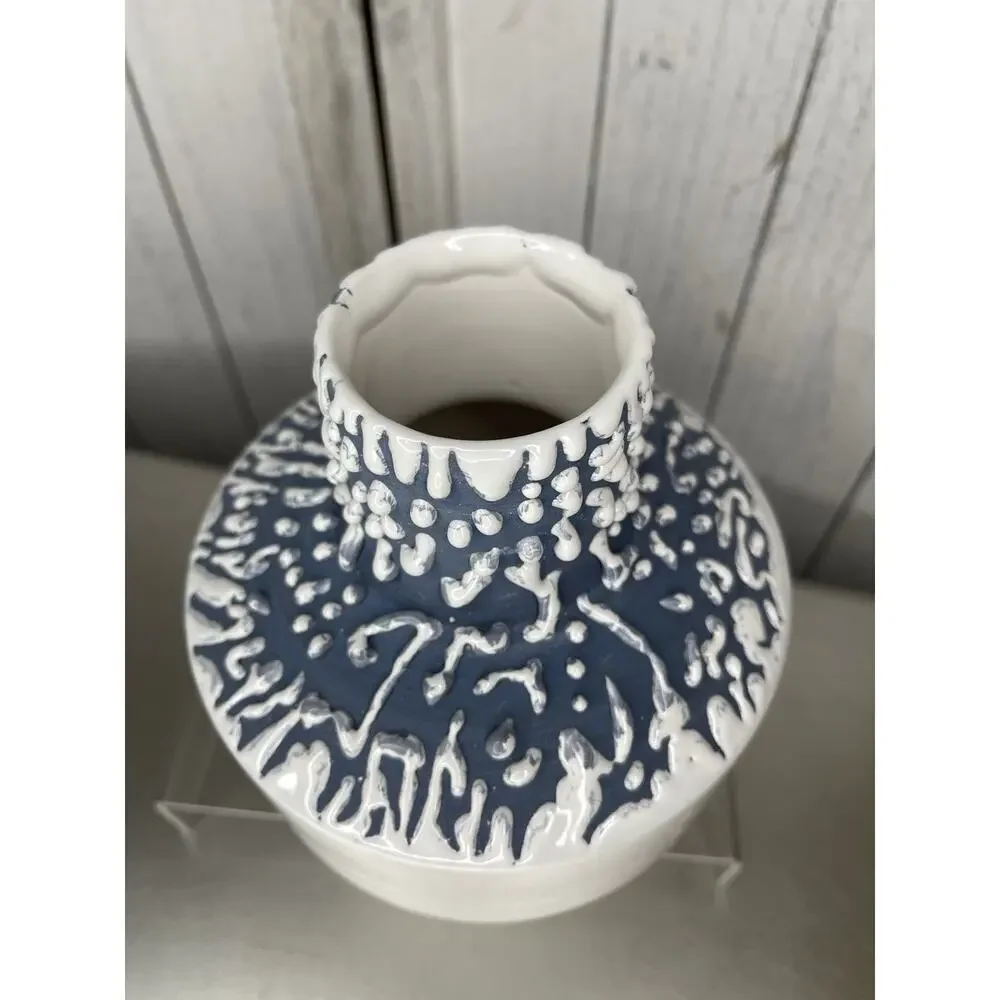 Crate & Barrel White and Blue Textured Drip Ceramic Vase Nautical Decor Portugal